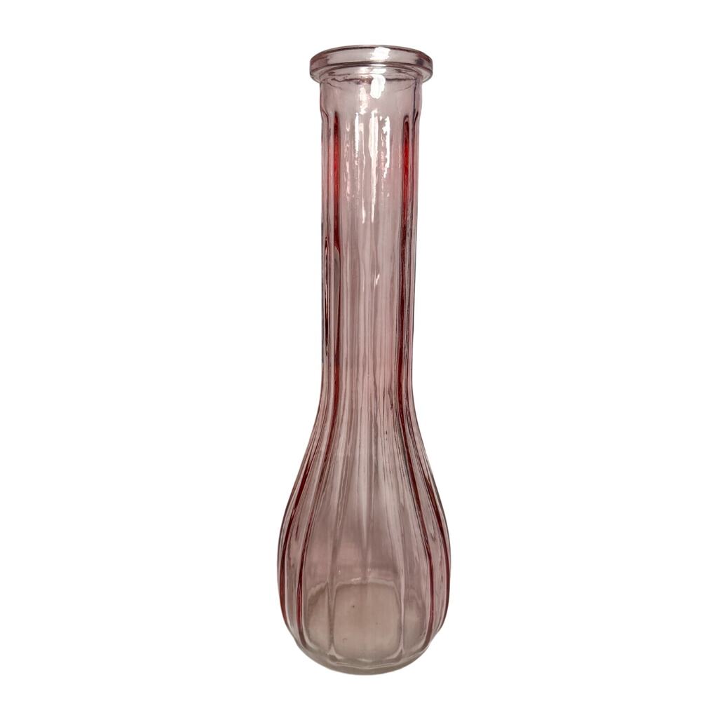 Blush Pink Ribbed Glass Vase Tall Bud Vase Minimalist Floral 8.75” Decor